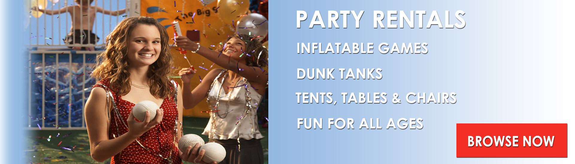 Fun Events party rentals — inflatable games, dunk tanks, tents, tables and chairs, fun for all ages